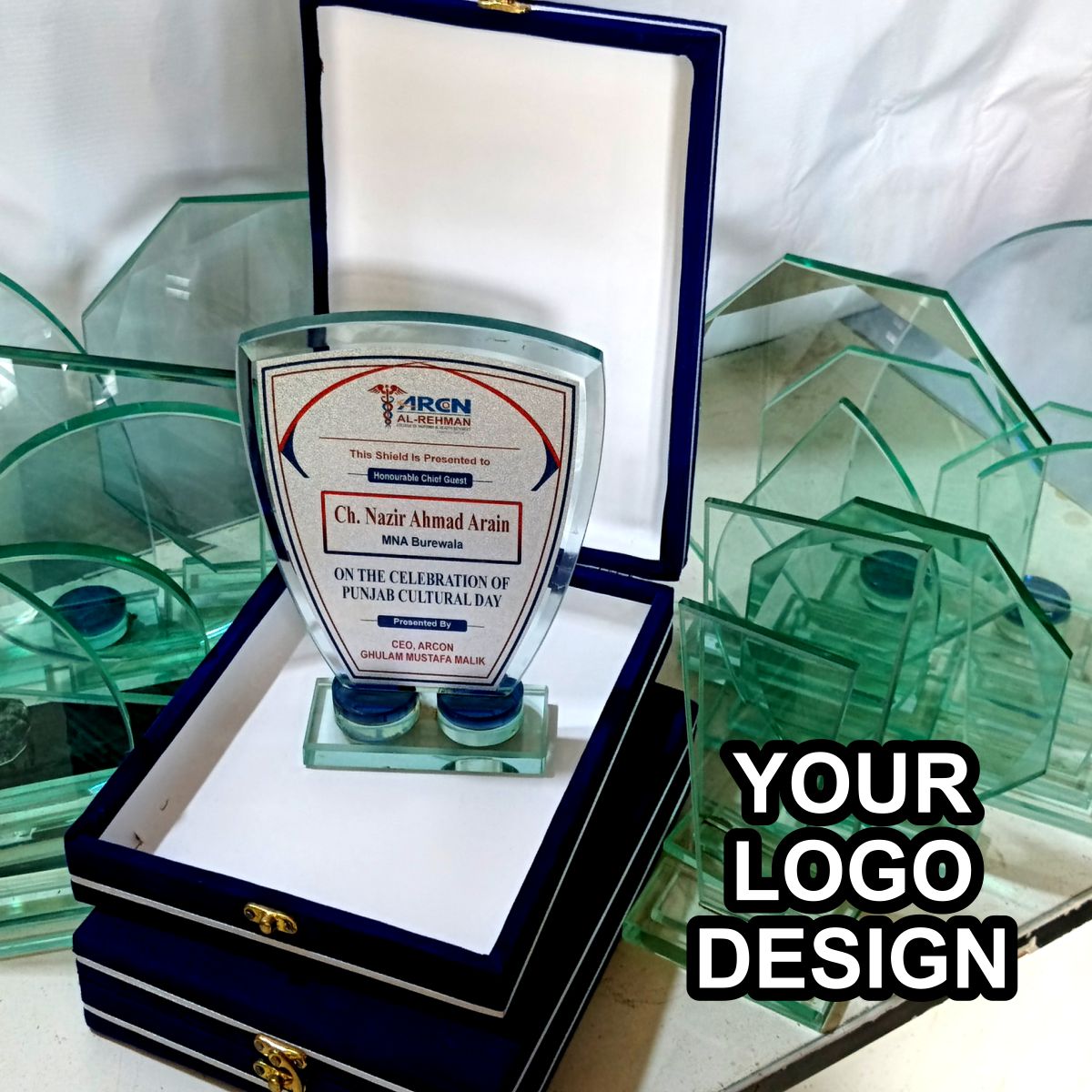 Customized Trophy & Shields with Velvet Box | Crystal Glass Awards for Events, Sports & Corporate Recognition