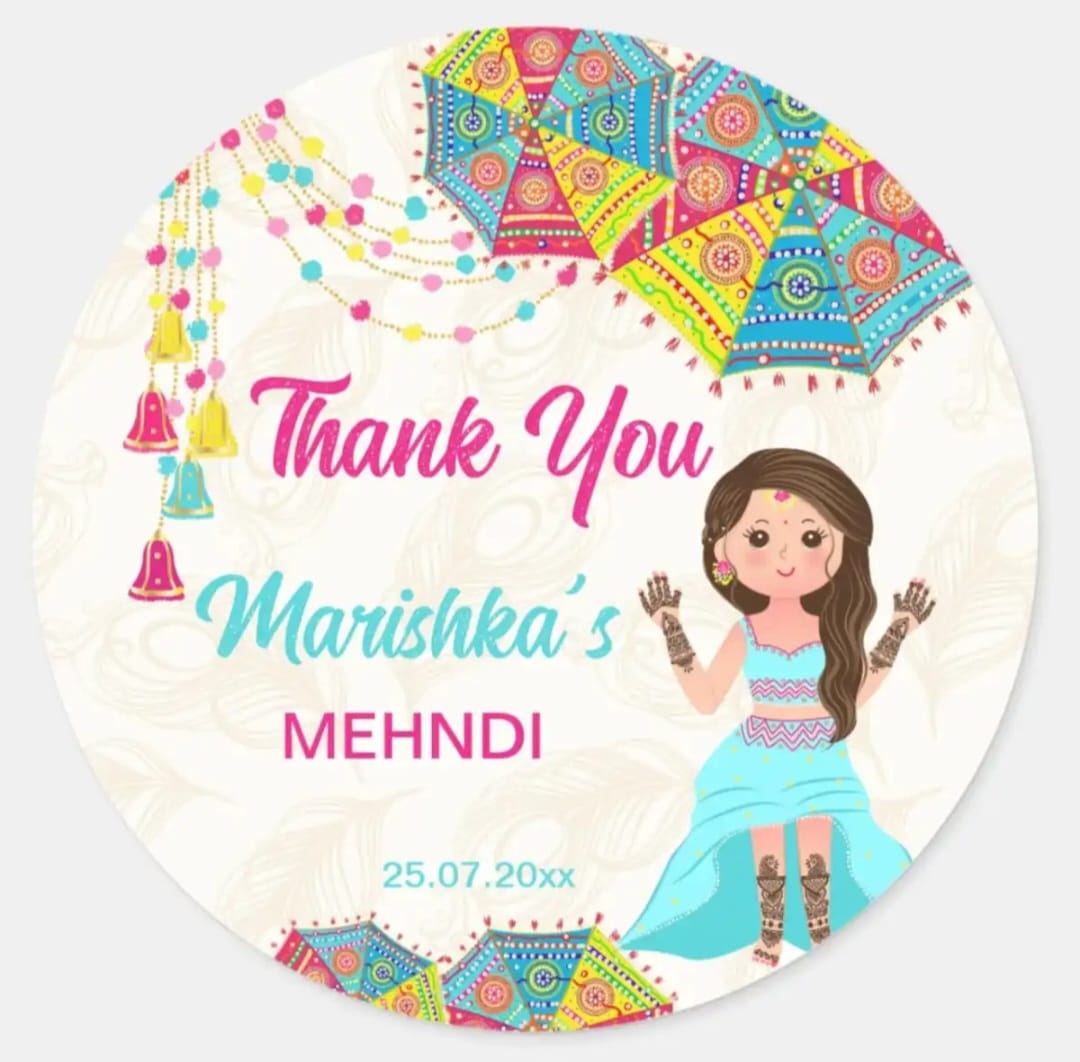 100 Pcs Modern Wedding Mehndi Favor stickers - Your Custom Text