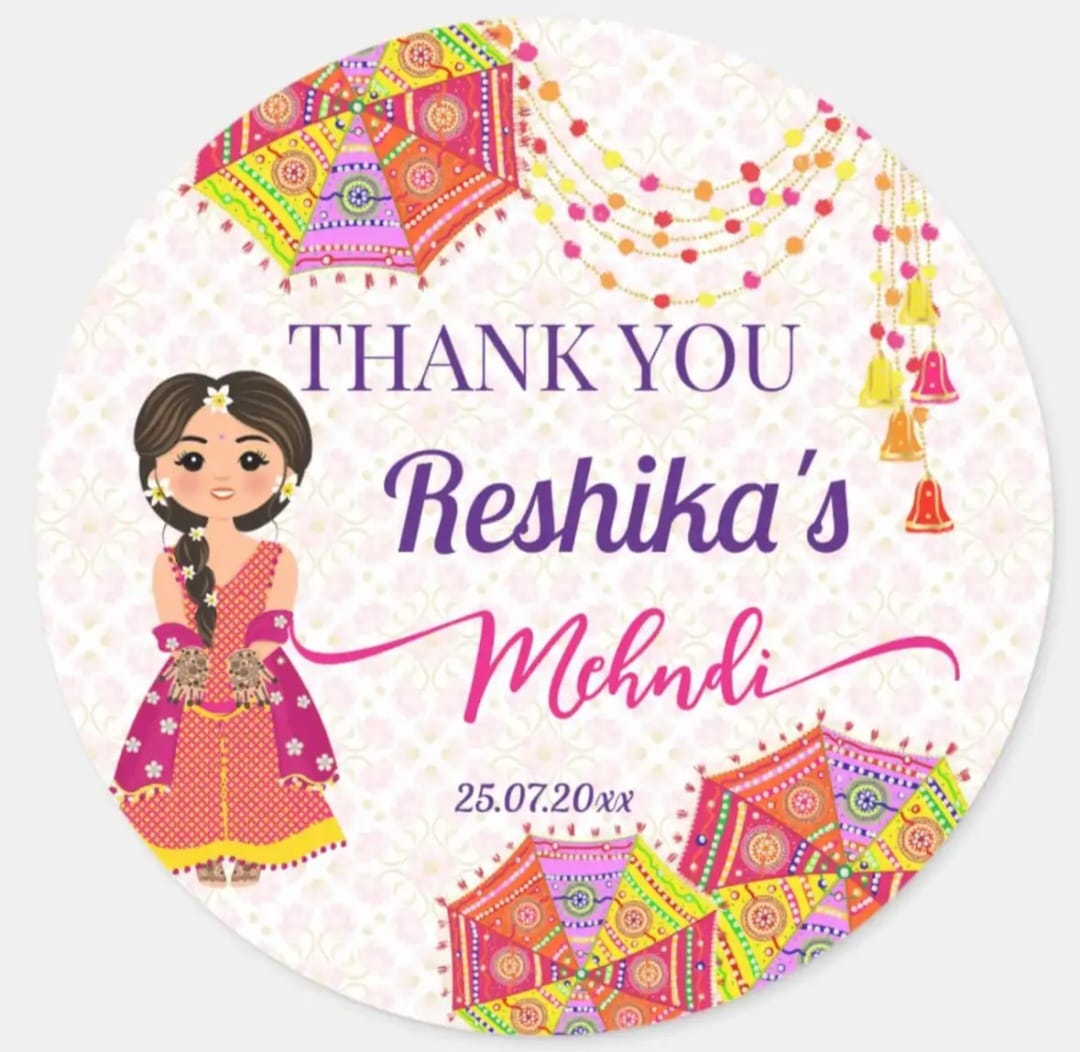 100 Pcs Modern Wedding Mehndi Favor stickers - Your Custom Text